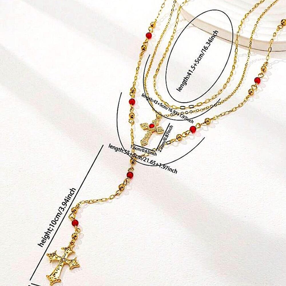 Multilayer Cross Gold Plated Necklace Red Beaded Chai n Link Punk - Picture 3 of 3